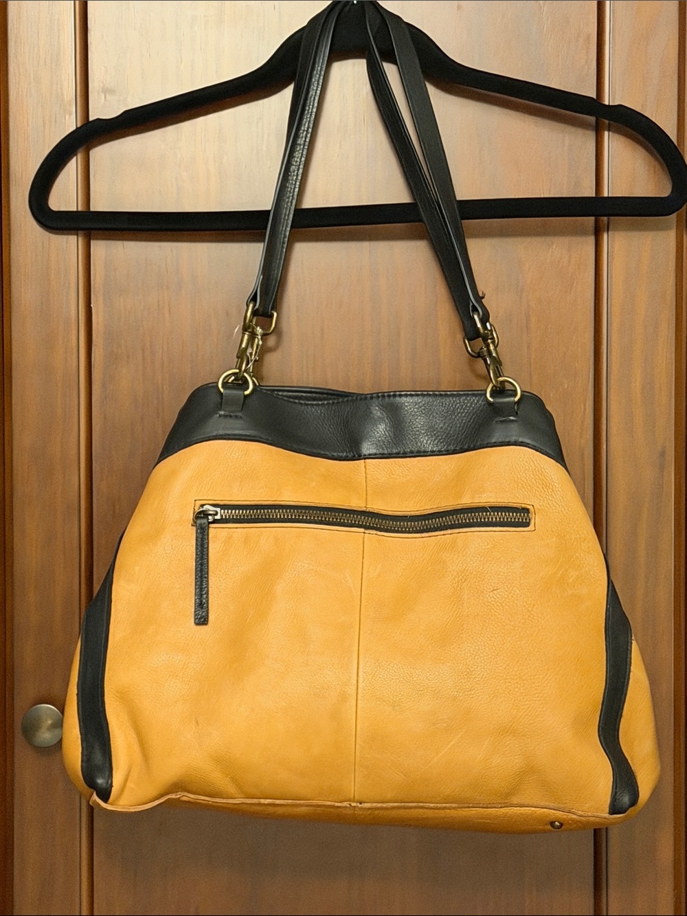 Leather Shoulder Bag in Light Tan and Black - Picture 2 of 16